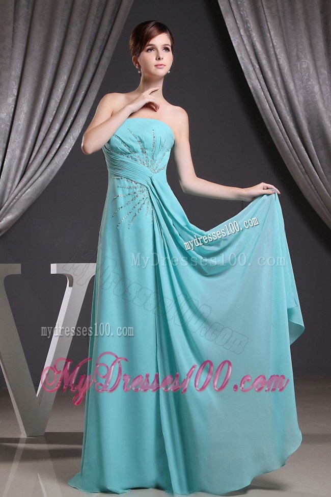 Tuquoise Beading Strapless and Brush Train for Prom Dress