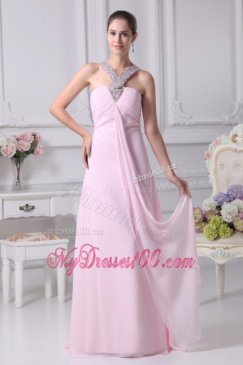 V-neck Baby Pink Empire Beading Long Prom Dress