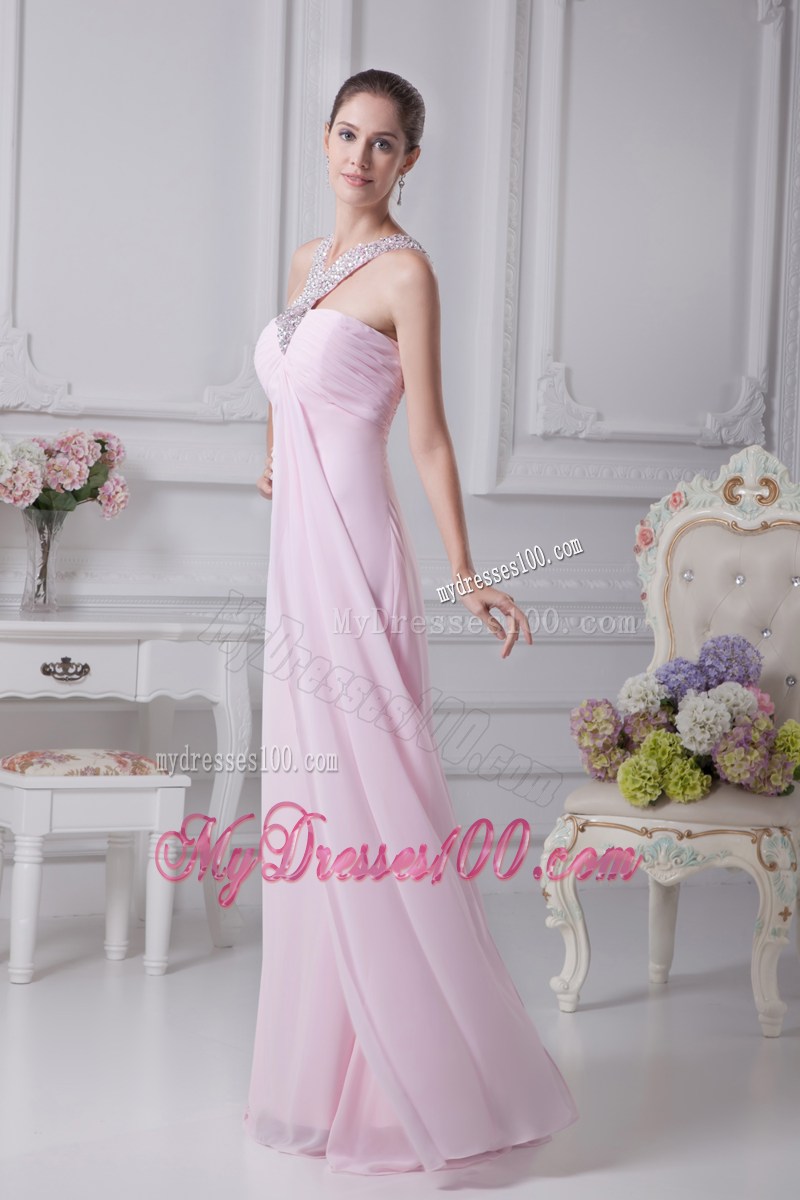 V-neck Baby Pink Empire Beading Long Prom Dress