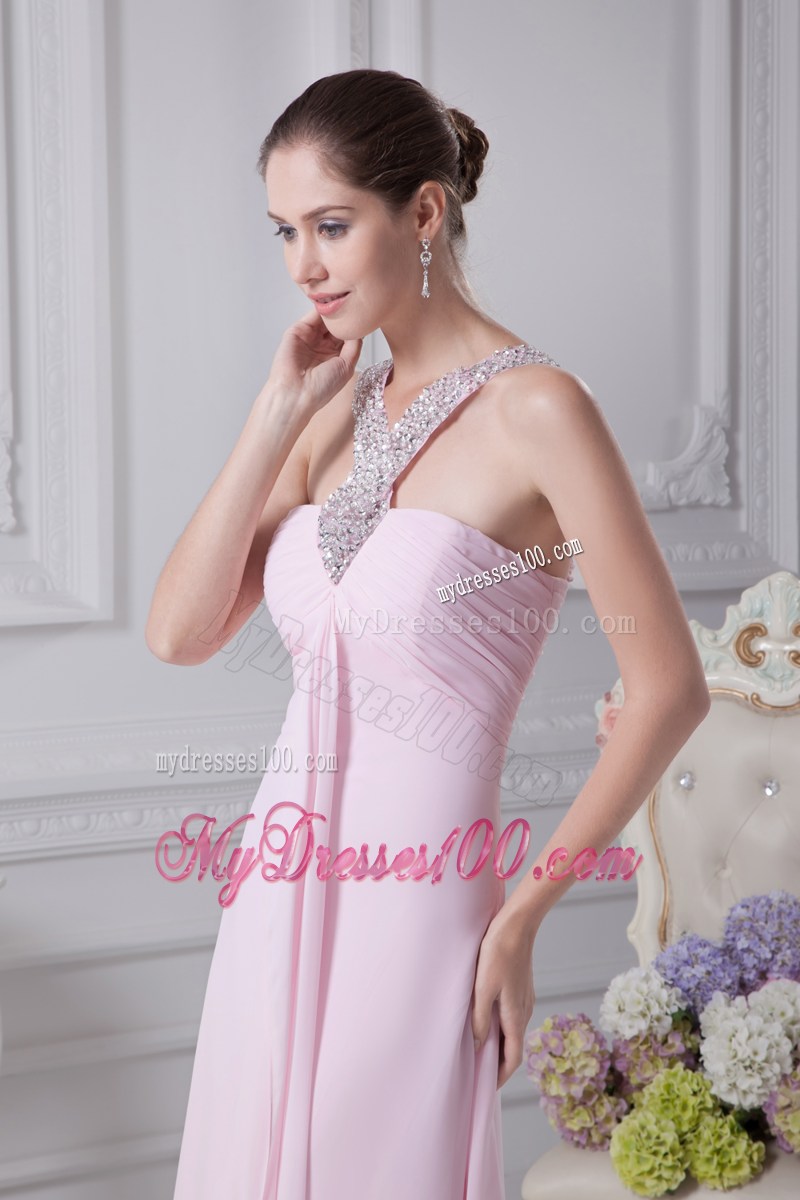 V-neck Baby Pink Empire Beading Long Prom Dress