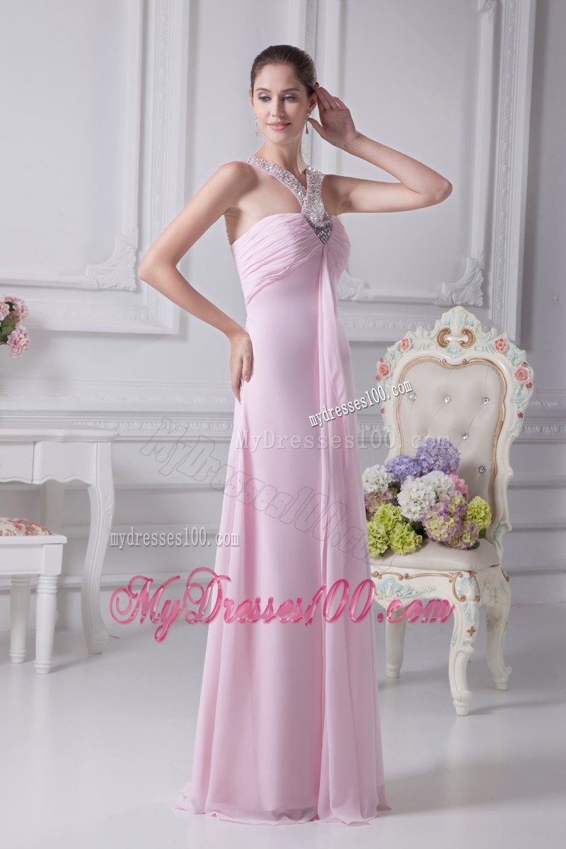 V-neck Baby Pink Empire Beading Long Prom Dress