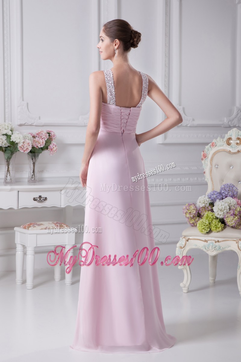 V-neck Baby Pink Empire Beading Long Prom Dress