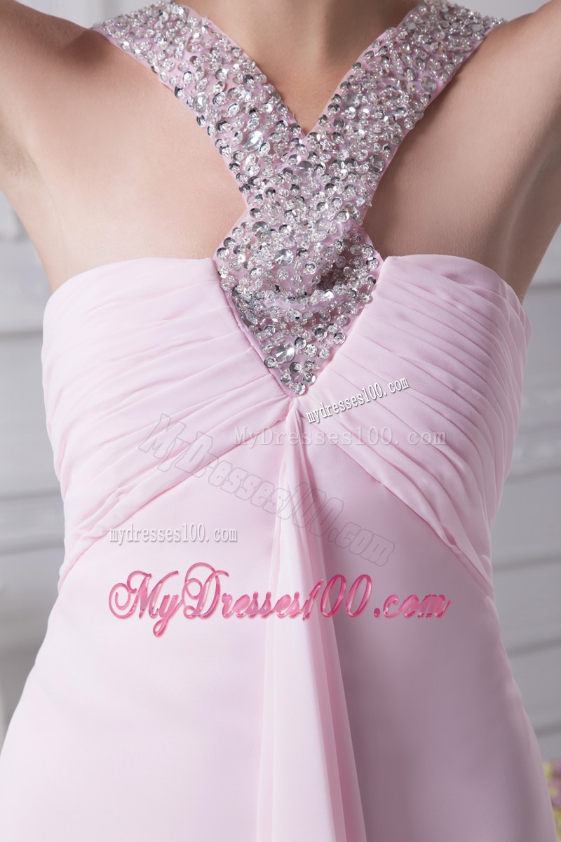 V-neck Baby Pink Empire Beading Long Prom Dress