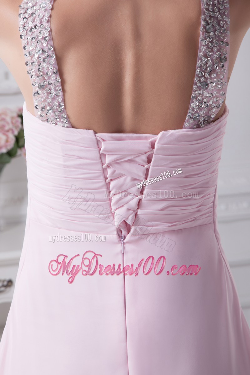 V-neck Baby Pink Empire Beading Long Prom Dress