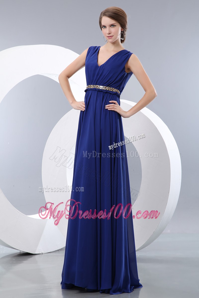Modest Royal Blue Prom Evening Dress Empire V-neck Brush Train