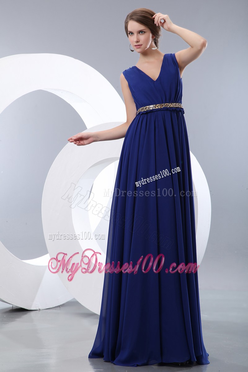 Modest Royal Blue Prom Evening Dress Empire V-neck Brush Train
