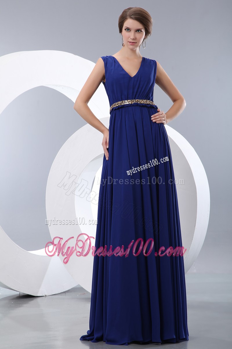 Modest Royal Blue Prom Evening Dress Empire V-neck Brush Train