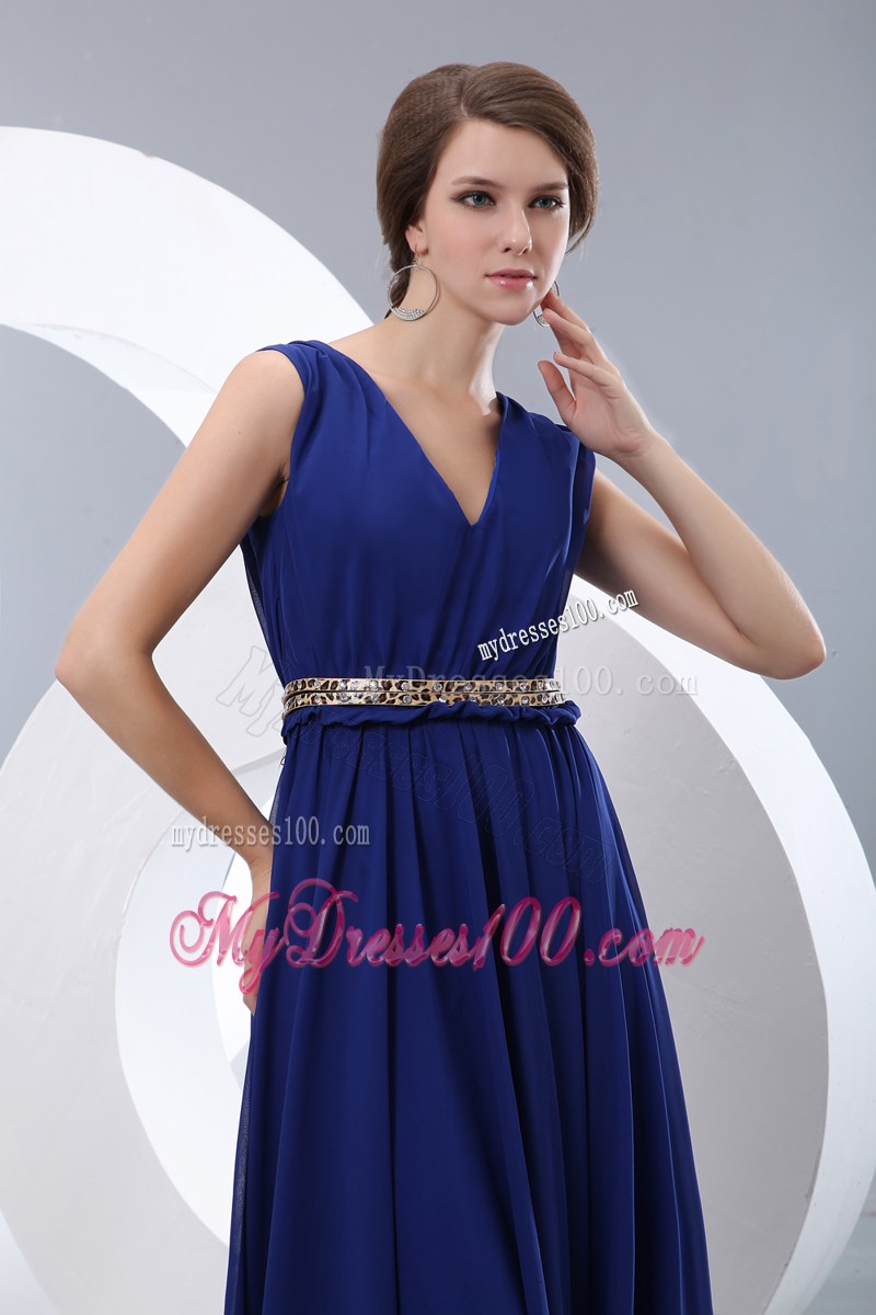Modest Royal Blue Prom Evening Dress Empire V-neck Brush Train