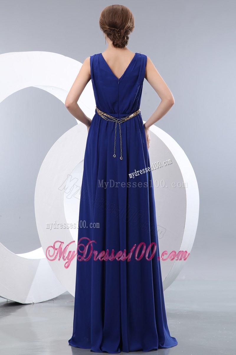 Modest Royal Blue Prom Evening Dress Empire V-neck Brush Train