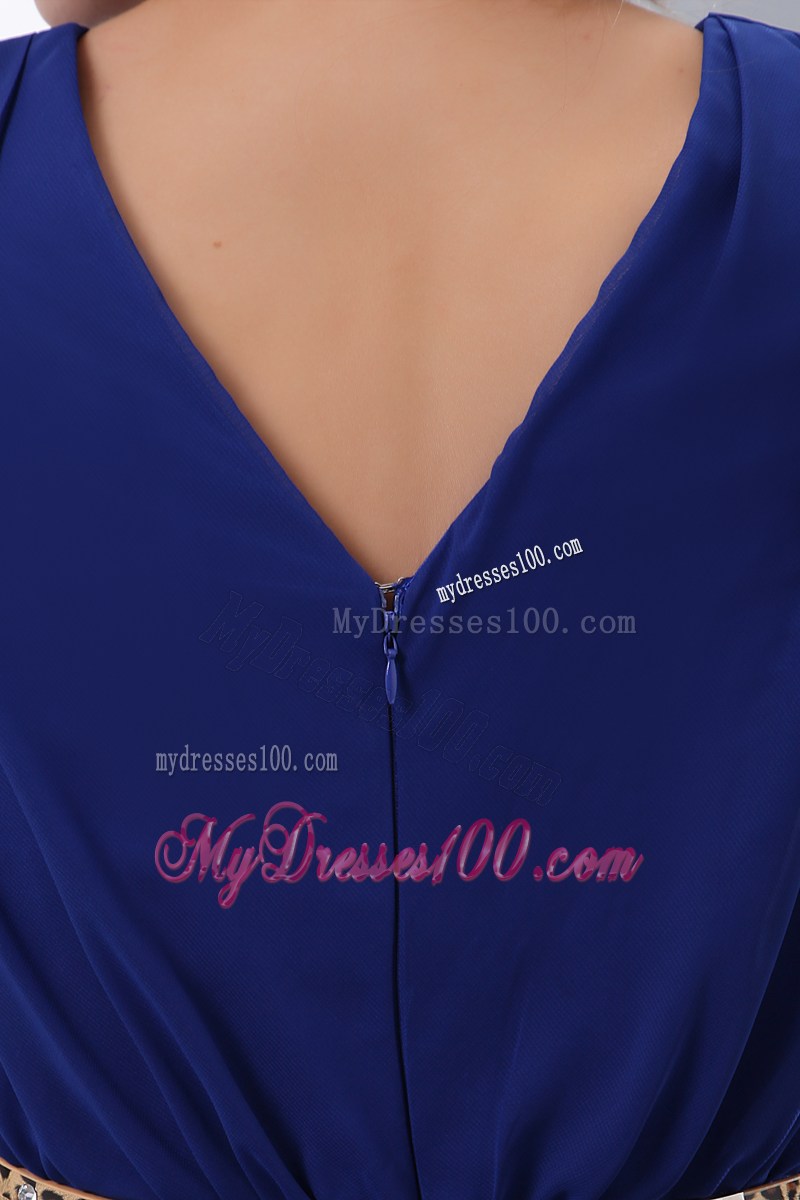 Modest Royal Blue Prom Evening Dress Empire V-neck Brush Train