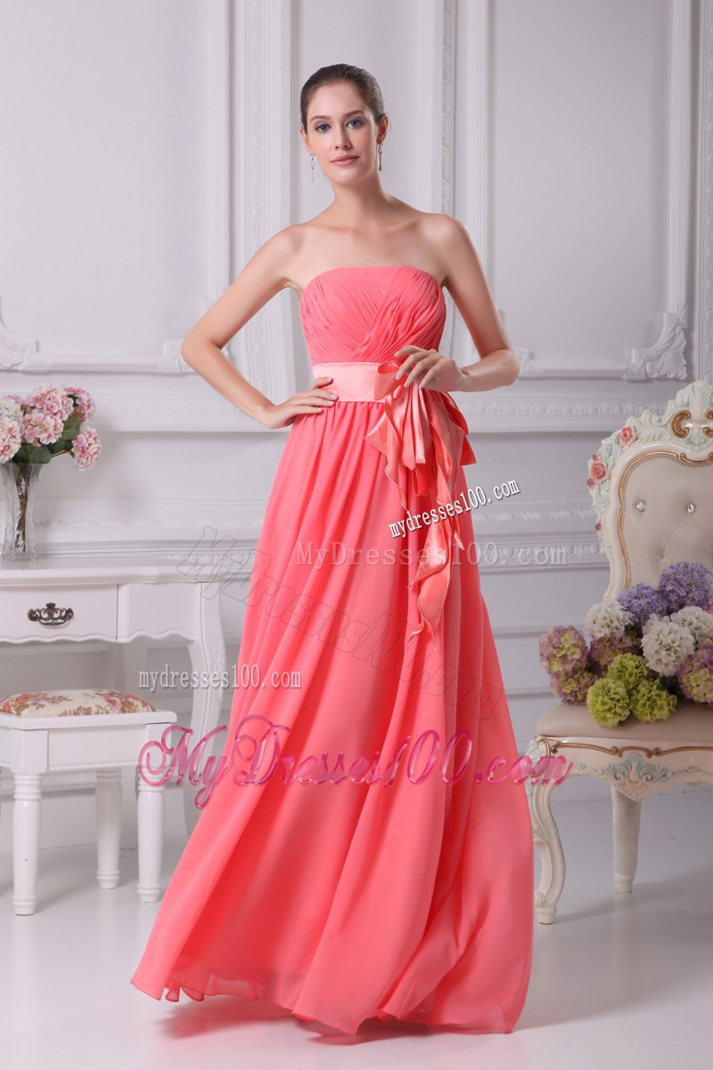 Watermelon Sash Strapless Empire Long Prom Dress