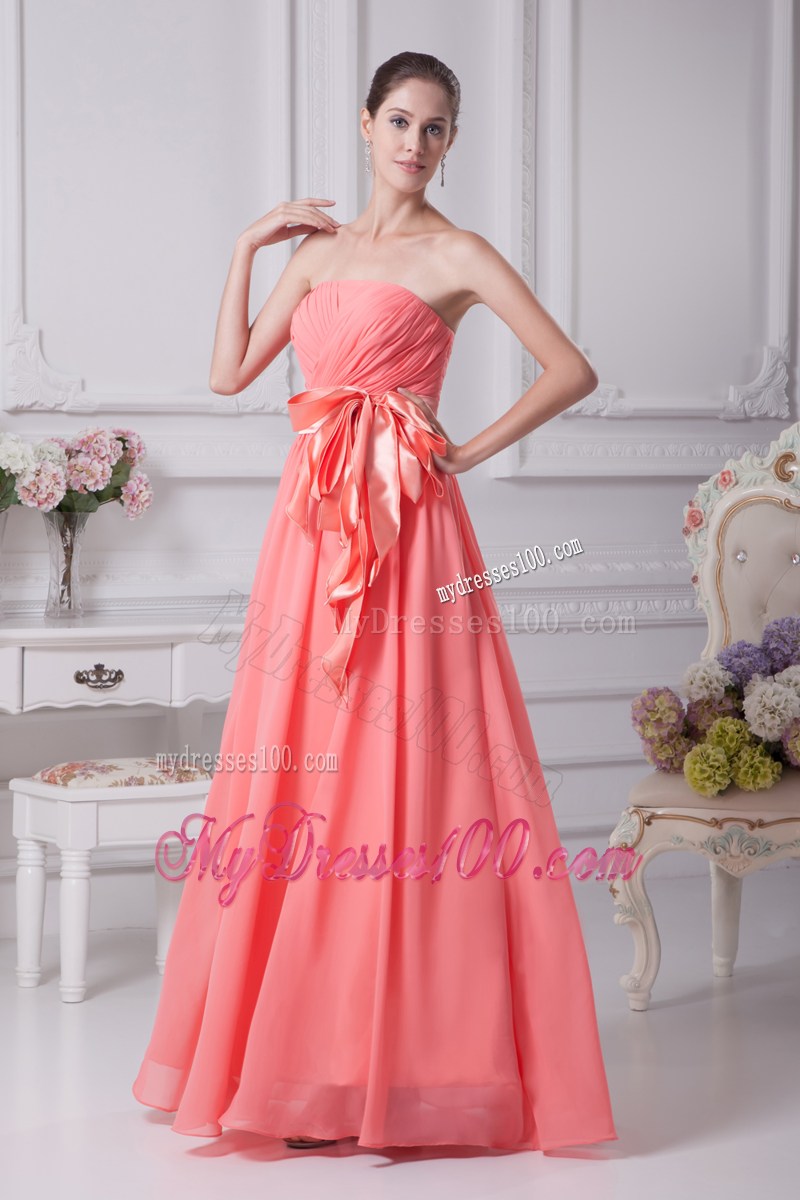 Watermelon Sash Strapless Empire Long Prom Dress