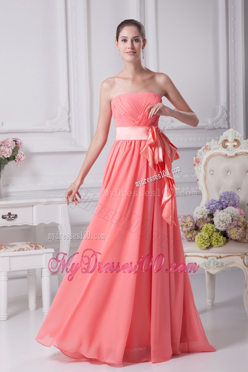 Watermelon Sash Strapless Empire Long Prom Dress