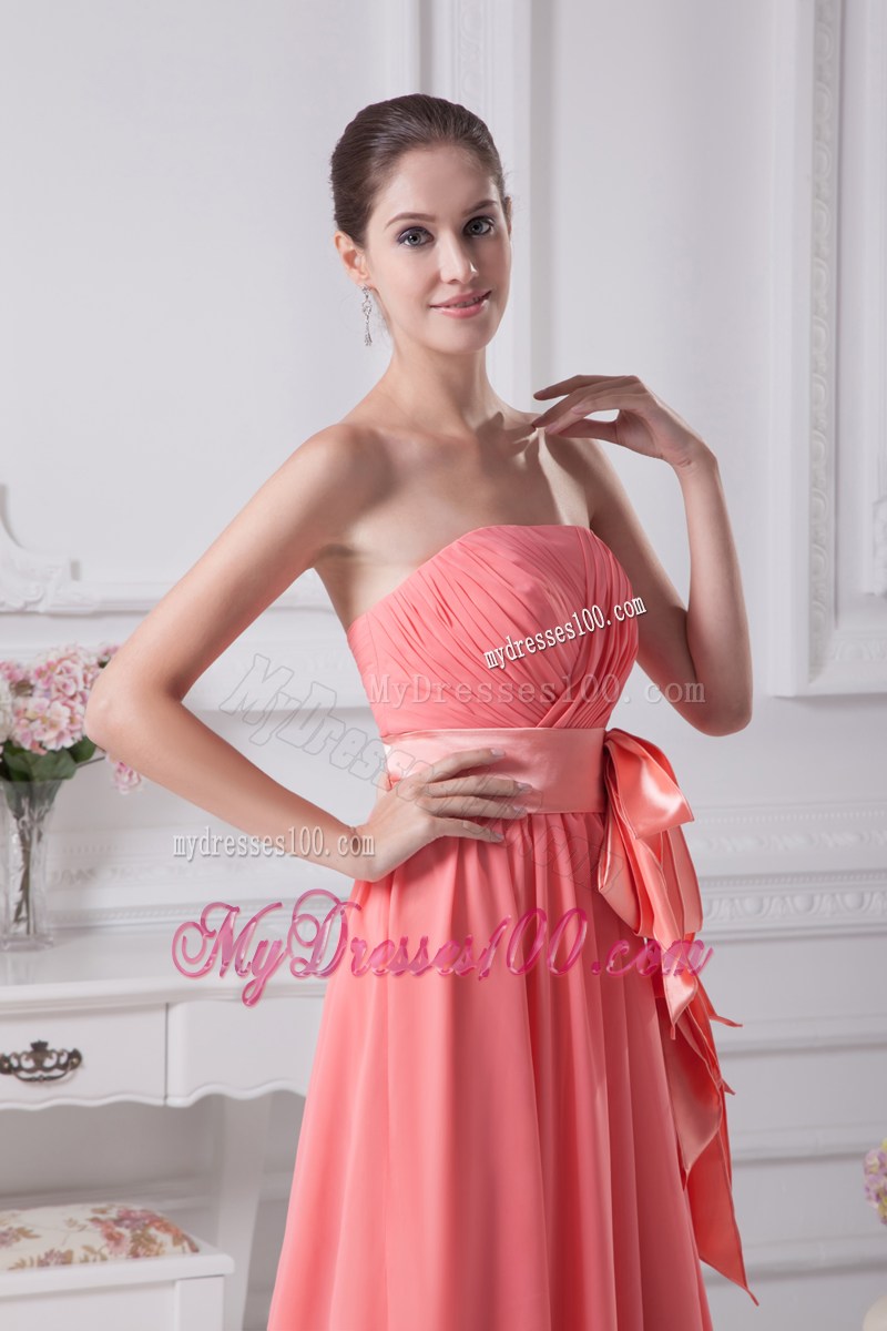 Watermelon Sash Strapless Empire Long Prom Dress