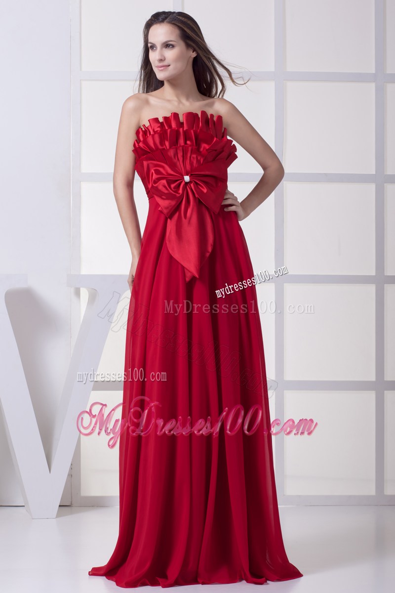 Wine Red Strapless Bowknot Empire Long Prom Dress