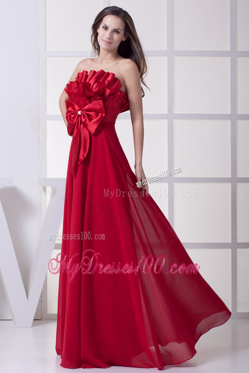 Wine Red Strapless Bowknot Empire Long Prom Dress