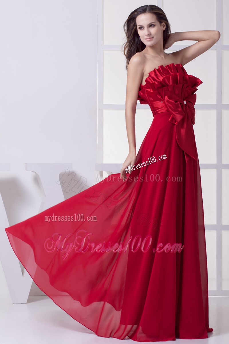 Wine Red Strapless Bowknot Empire Long Prom Dress