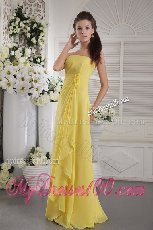 Yellow Empire Strapless Floor-length Flowers Prom Graduation Dress
