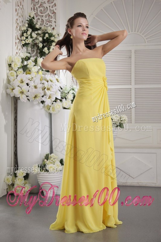 Yellow Empire Strapless Floor-length Flowers Prom Graduation Dress