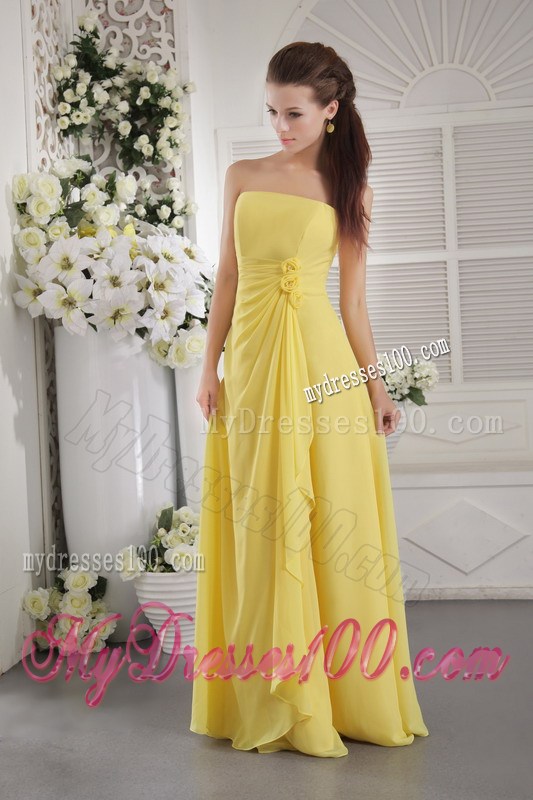 Yellow Empire Strapless Floor-length Flowers Prom Graduation Dress