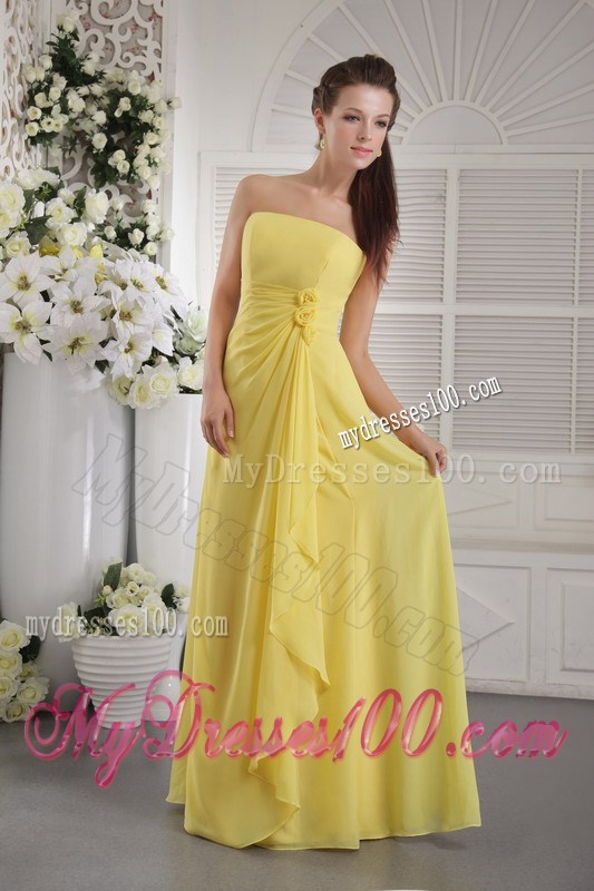 Yellow Empire Strapless Floor-length Flowers Prom Graduation Dress