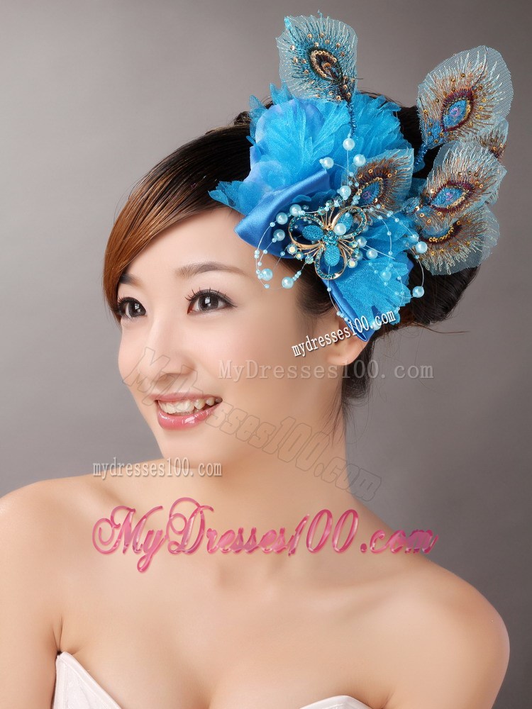 2013 Peacock Blue Feathers Headpieces Beading For Party