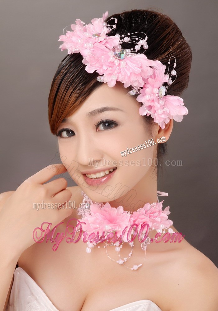 Beautiful Pink Taffeta Beading Hand Made Flowers Hair Combs