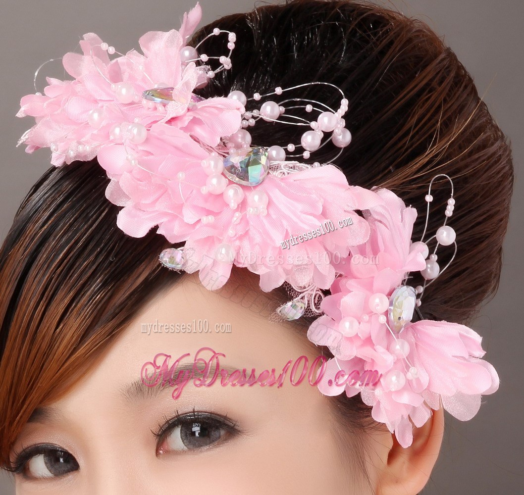 Beautiful Pink Taffeta Beading Hand Made Flowers Hair Combs