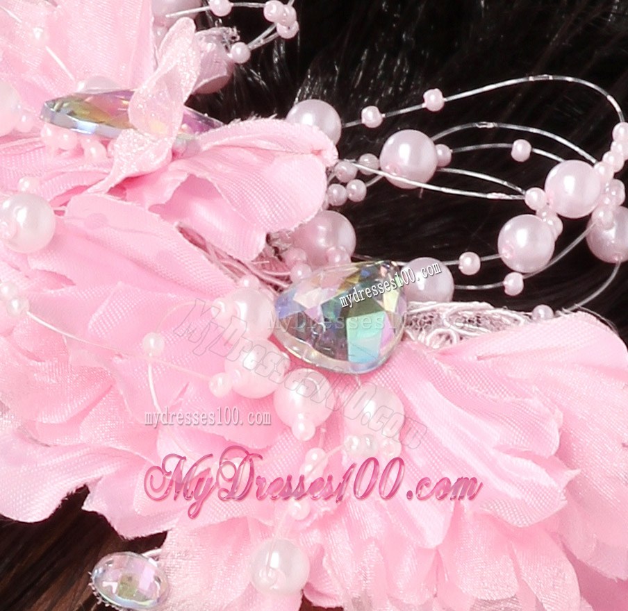 Beautiful Pink Taffeta Beading Hand Made Flowers Hair Combs
