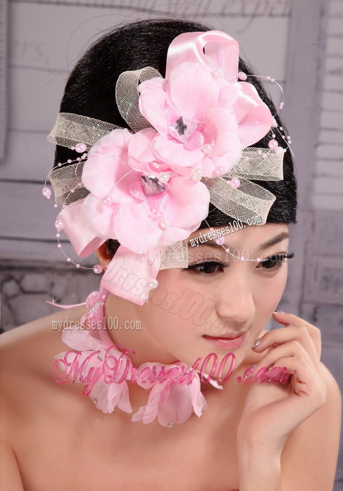 Beautiful Pink Taffeta and Tulle Pearl Fascinators For Party