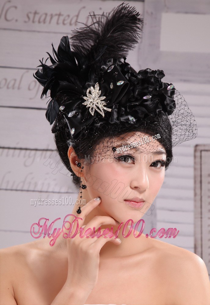 Black Best Sale Hat Flower Wedding Headpieces With Feather Beading