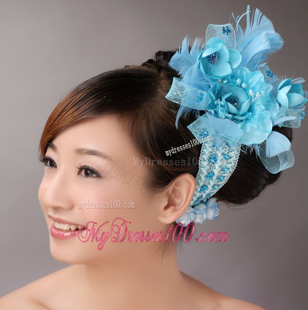 Blue Feather Chiffon Net Flower For Party