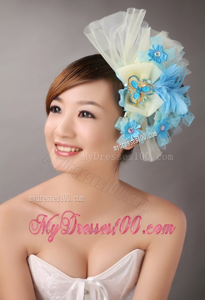 Blue Feather and Light Yellow Net Flower With Beading For Bridal