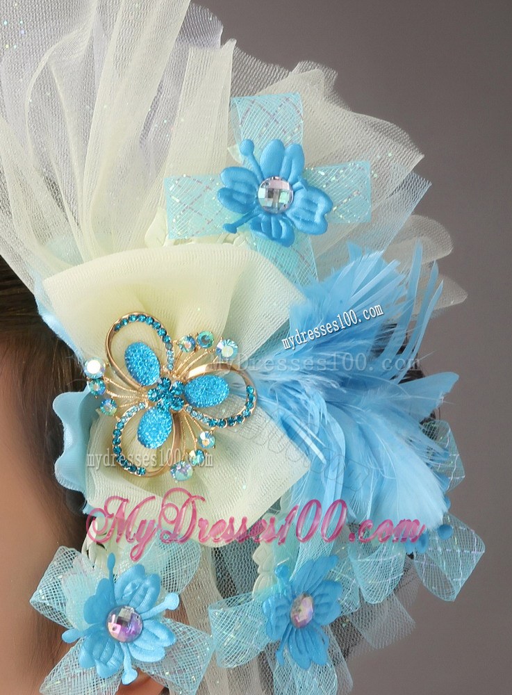 Blue Feather and Light Yellow Net Flower With Beading For Bridal