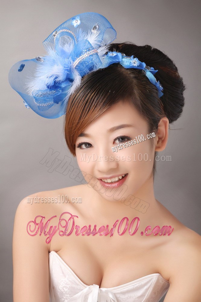 Blue Net and Feather With Beading Flower For Bridal