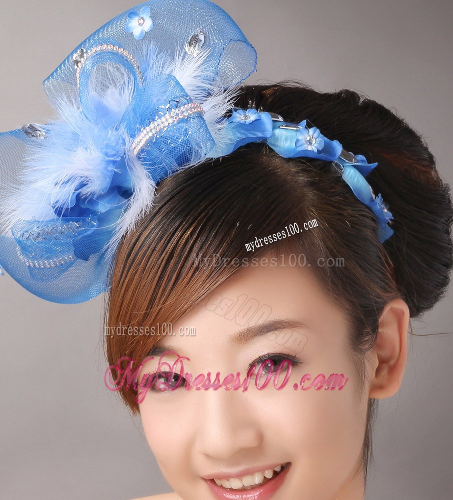 Blue Net and Feather With Beading Flower For Bridal