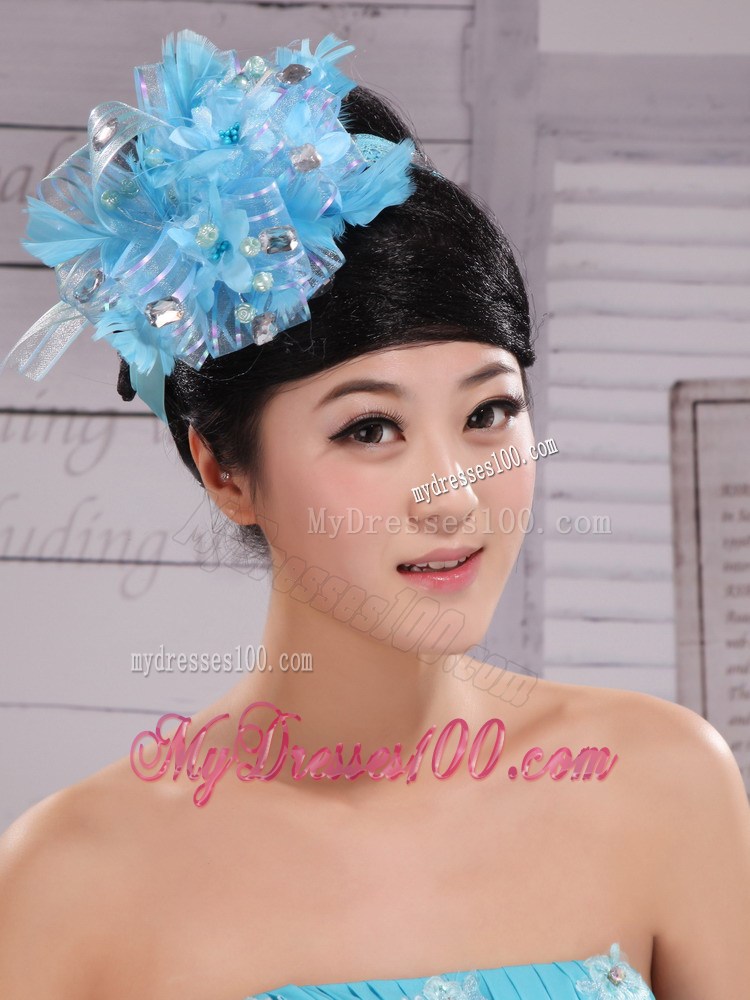 Classical Sky Blue Headpices With Rhionstones and Feather Decorate On Tulle For Party