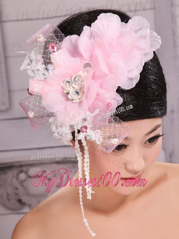 Custom Made Baby Pink Headpieces Organza and Tulle With Imitation Pearls and Beaded Decorate