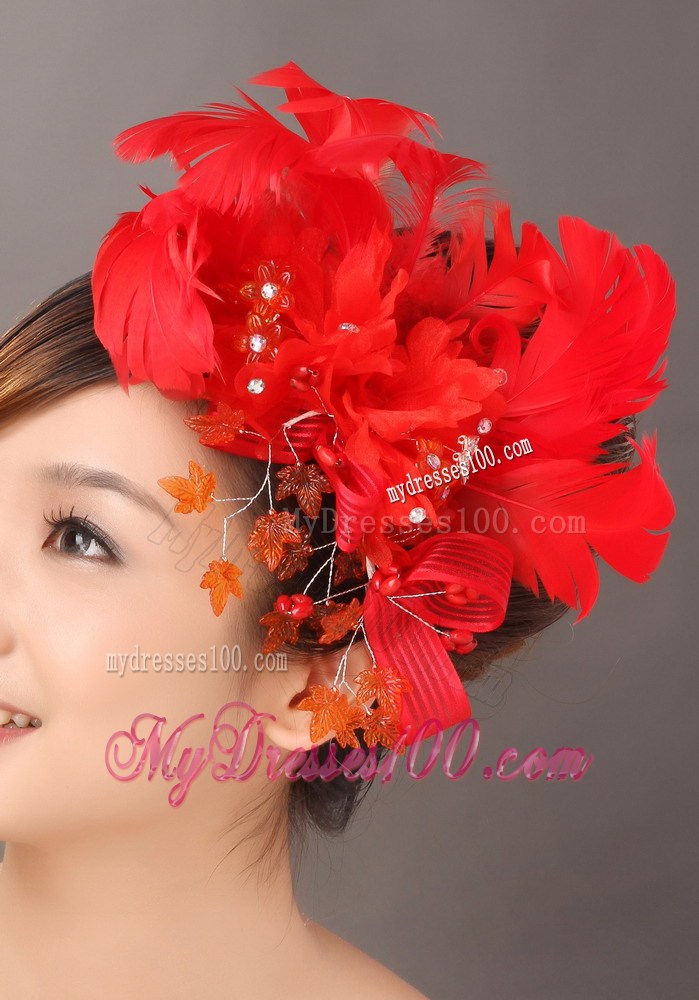 Elegant Red Feather Flowers Beading Womens Fascinators