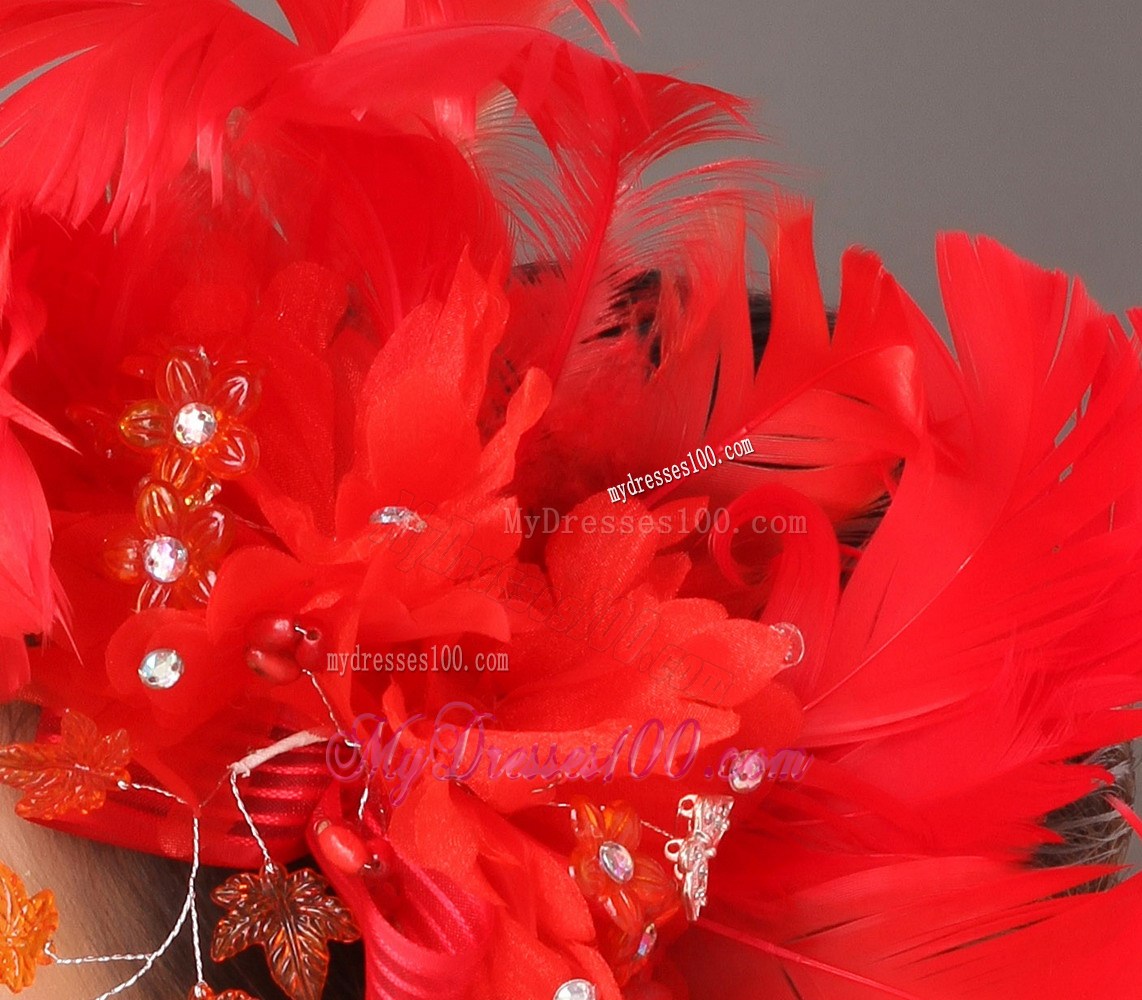 Elegant Red Feather Flowers Beading Womens Fascinators