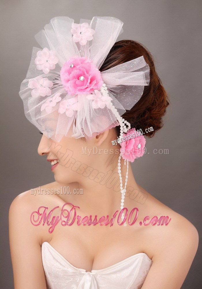 Fashionable Light Pink Tulle Hand Made Flowers Beading Fascinators For Party