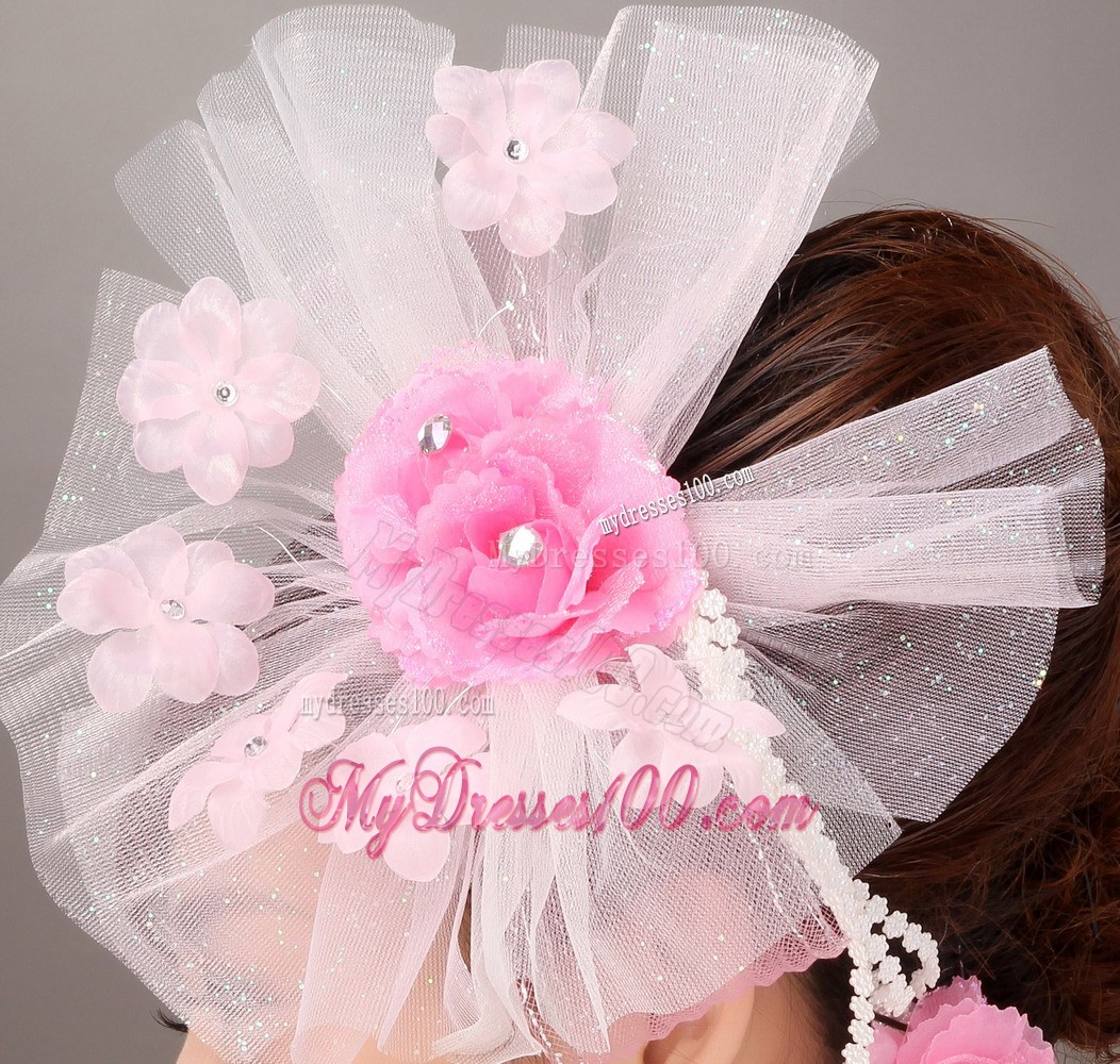 Fashionable Light Pink Tulle Hand Made Flowers Beading Fascinators For Party