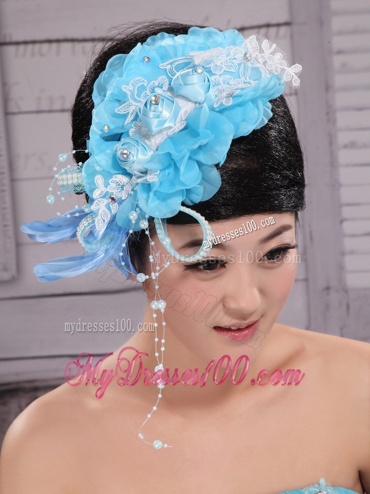 Feather Custom Made Aqua Blue Headpices With Imitation Pearls and Flowers Decorate