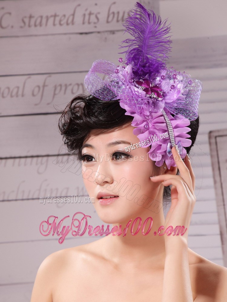 Feather Ribbon Pearl Lavender Bridal Headpiece