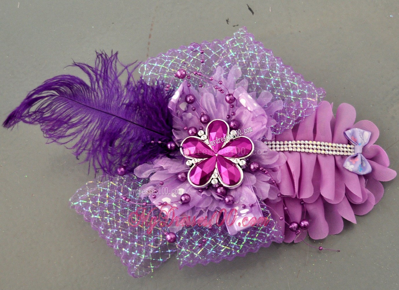 Feather Ribbon Pearl Lavender Bridal Headpiece