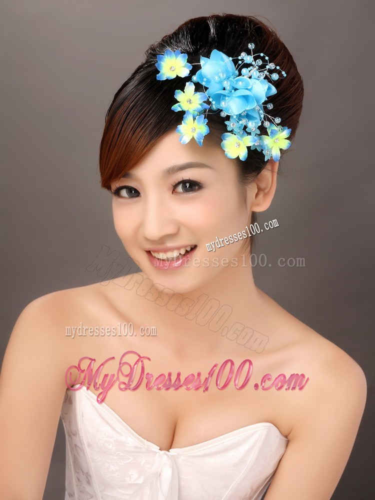 Fully Handmade Blue Organza Imitation Pearls Fascinators