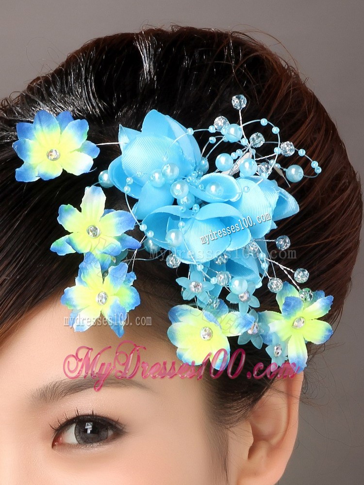 Fully Handmade Blue Organza Imitation Pearls Fascinators
