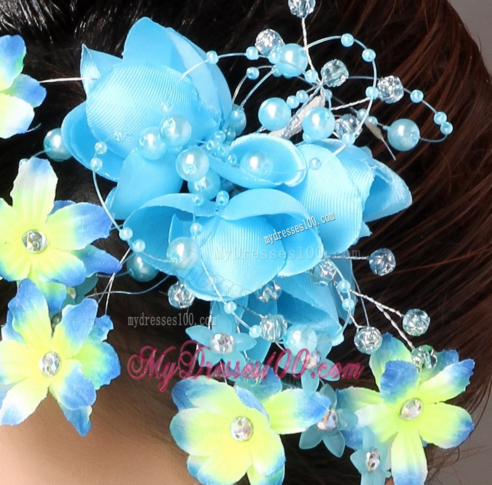 Fully Handmade Blue Organza Imitation Pearls Fascinators