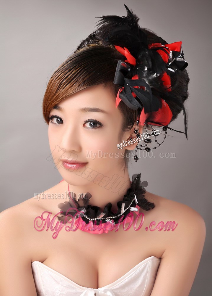 Fully Handmade Romantic Headpiece Red and Black With Feather For Party