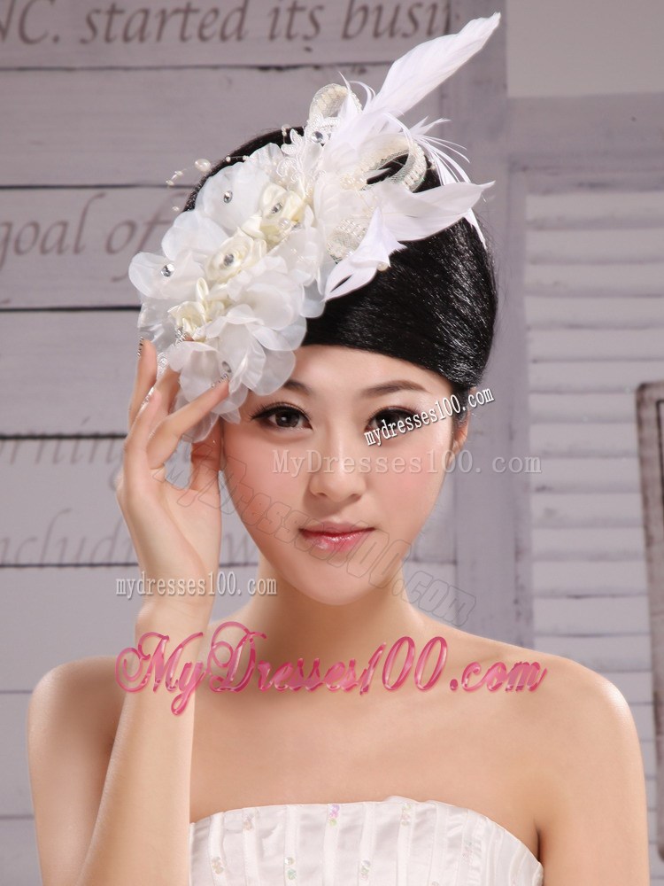 Hair Accessories For Brides Bud Silk Yarn Feather With Pearls and Beading Embellishment